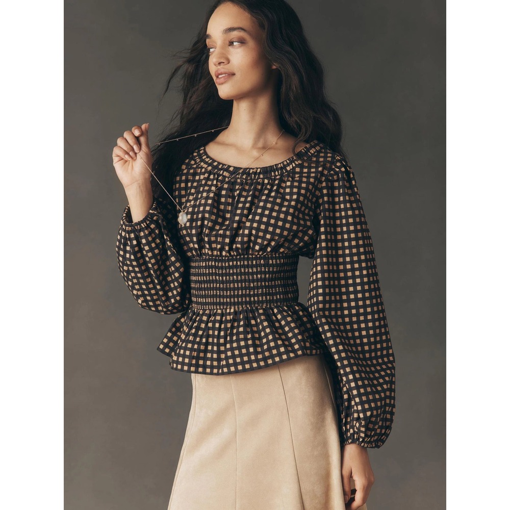 Anthropologie Neutral Gingham Smocked Waist Peplum Blouse Top Small NWT
